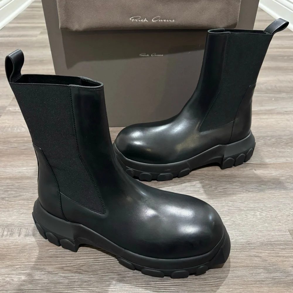 Rick Owens Beatle Bozo Tractor Black Leather Chelsea Platform Boots